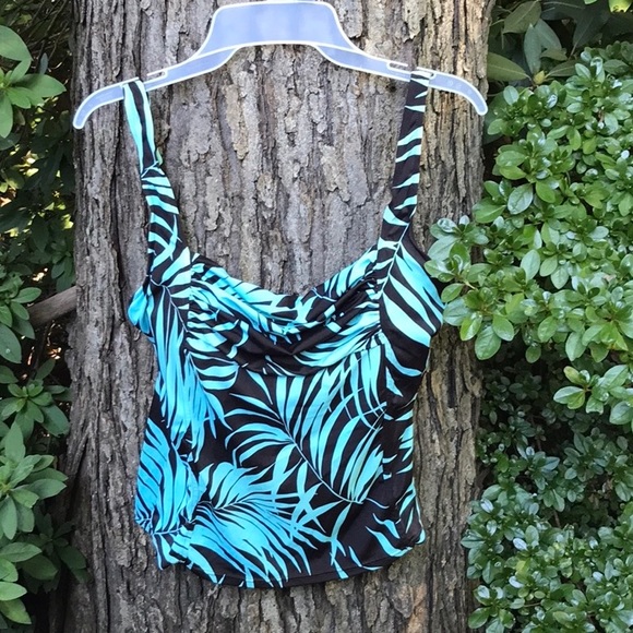 Jamaica Bay Tropical Leaves Swim Top Tankini Bra Brown & Turquoise Blue Bra 16 - Picture 6 of 11